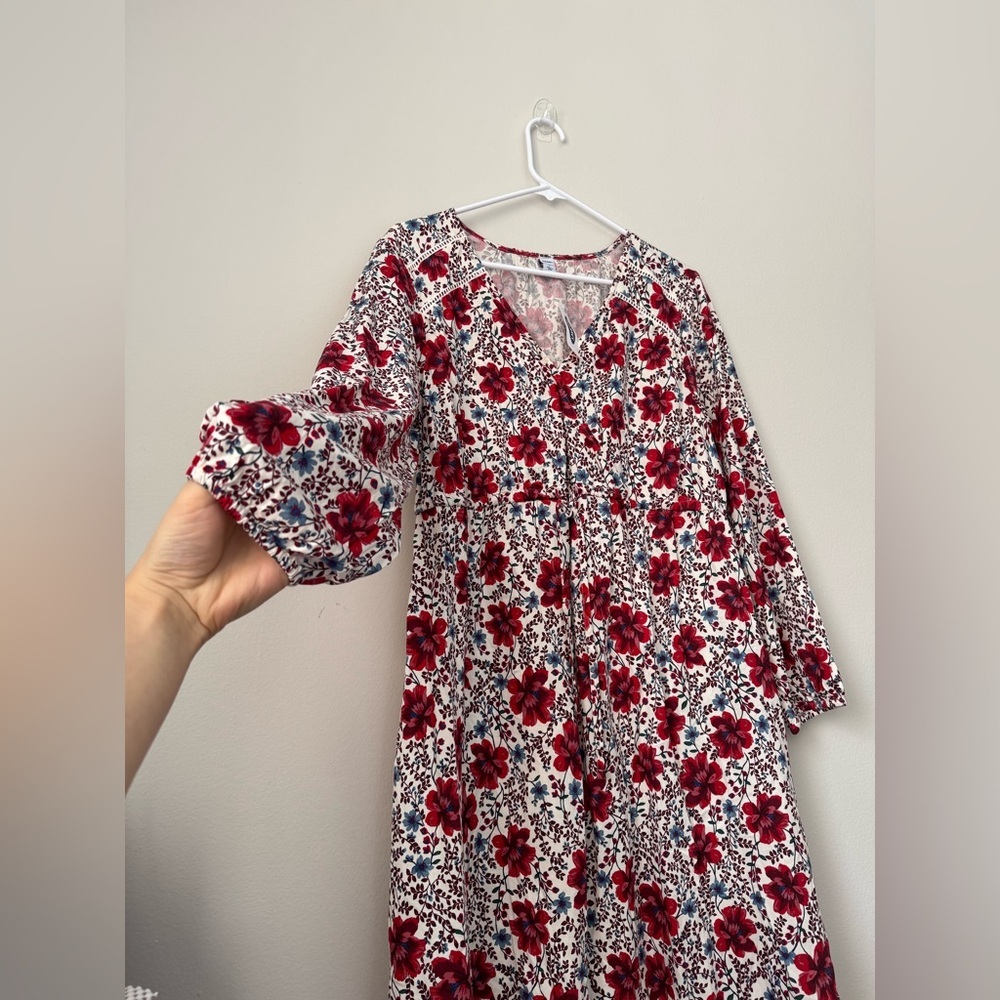 Waist-Difined Bell-Sleeve Faux-Wrap Dress for Women, red floral, Size L - Picture 5 of 11